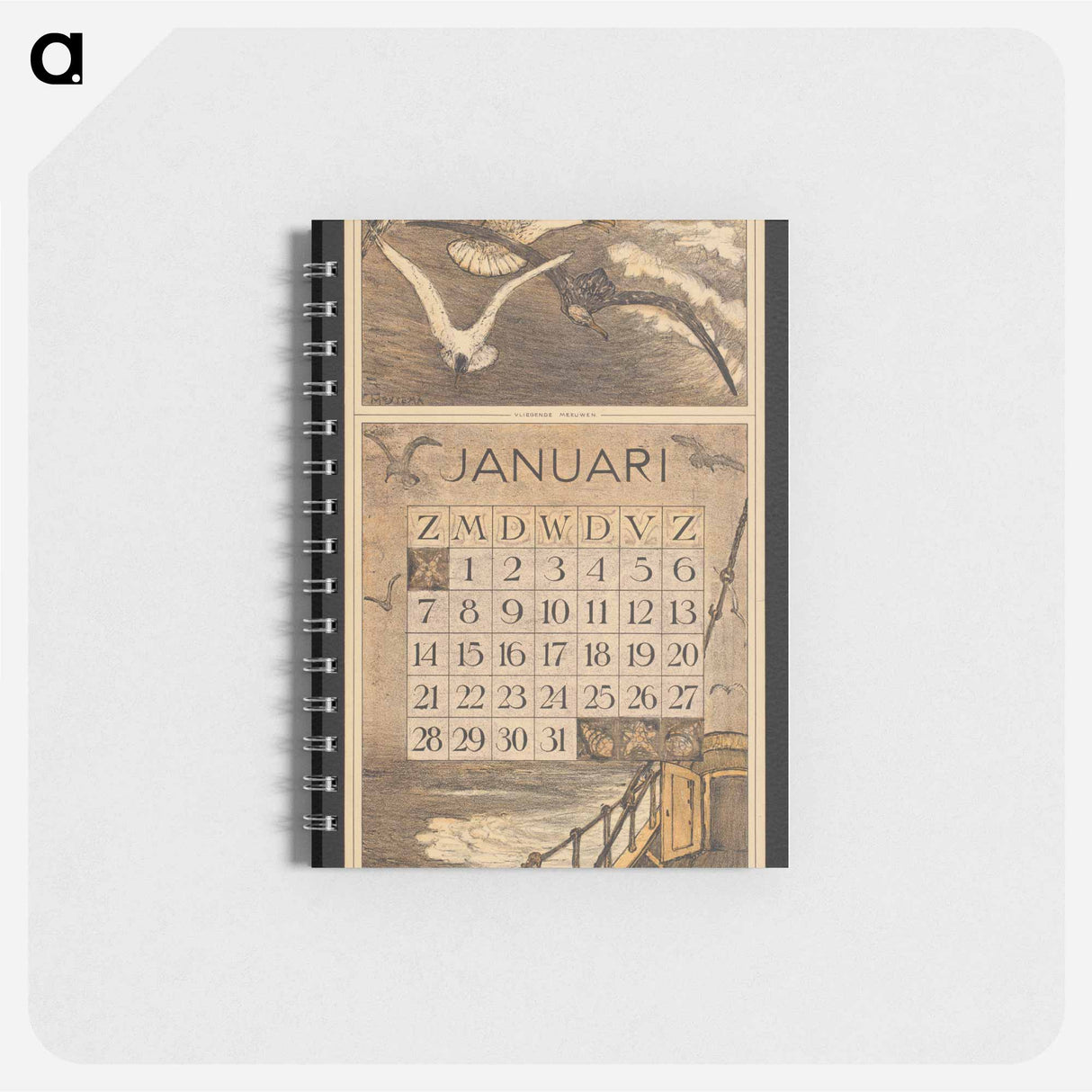 Kalenderblad voor januari 1912 met drie meeuwen boven zee - テオ ヴァン ホイテマ Memo.