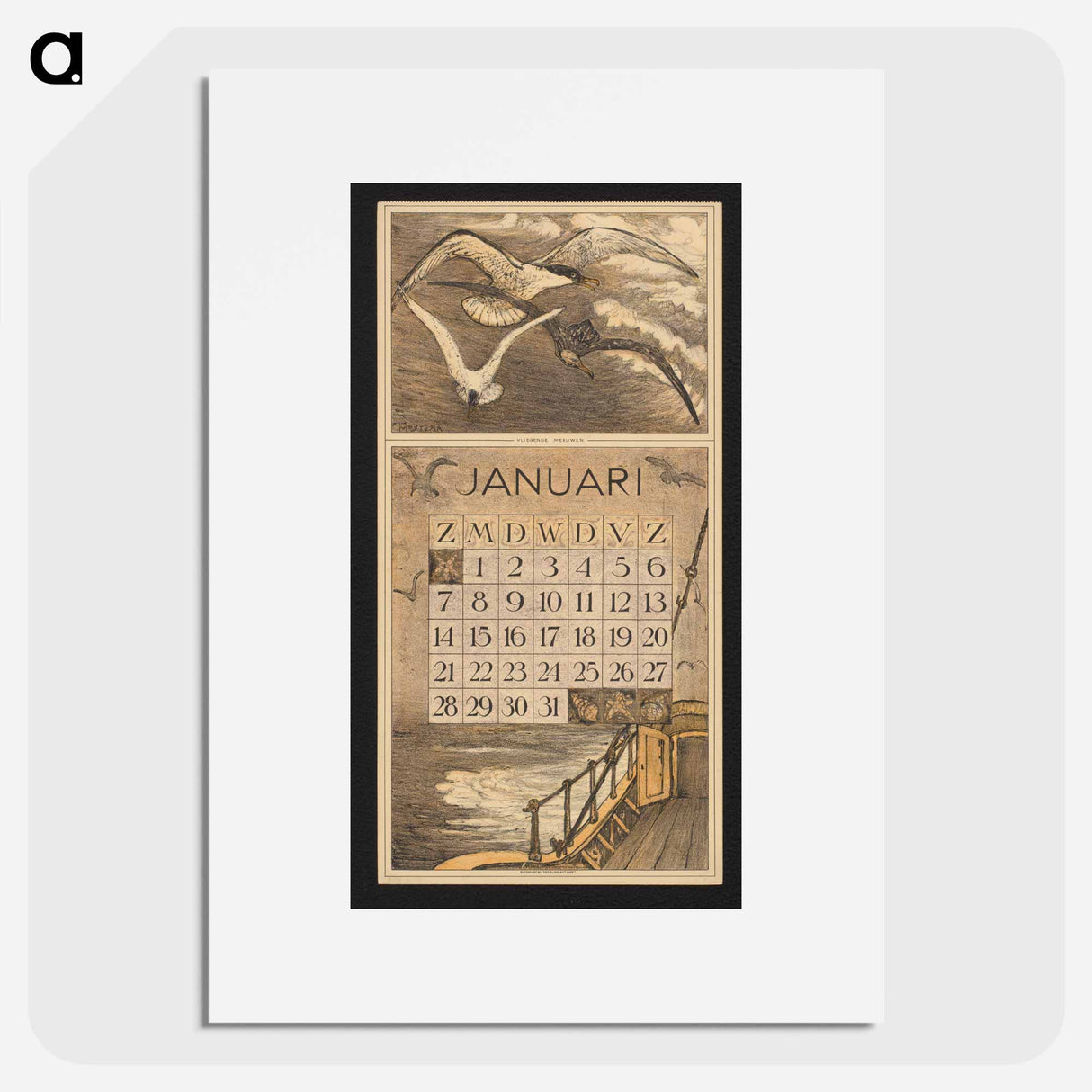 Calendar for January 1912 with three young children - Theo van Hoytema Poster.