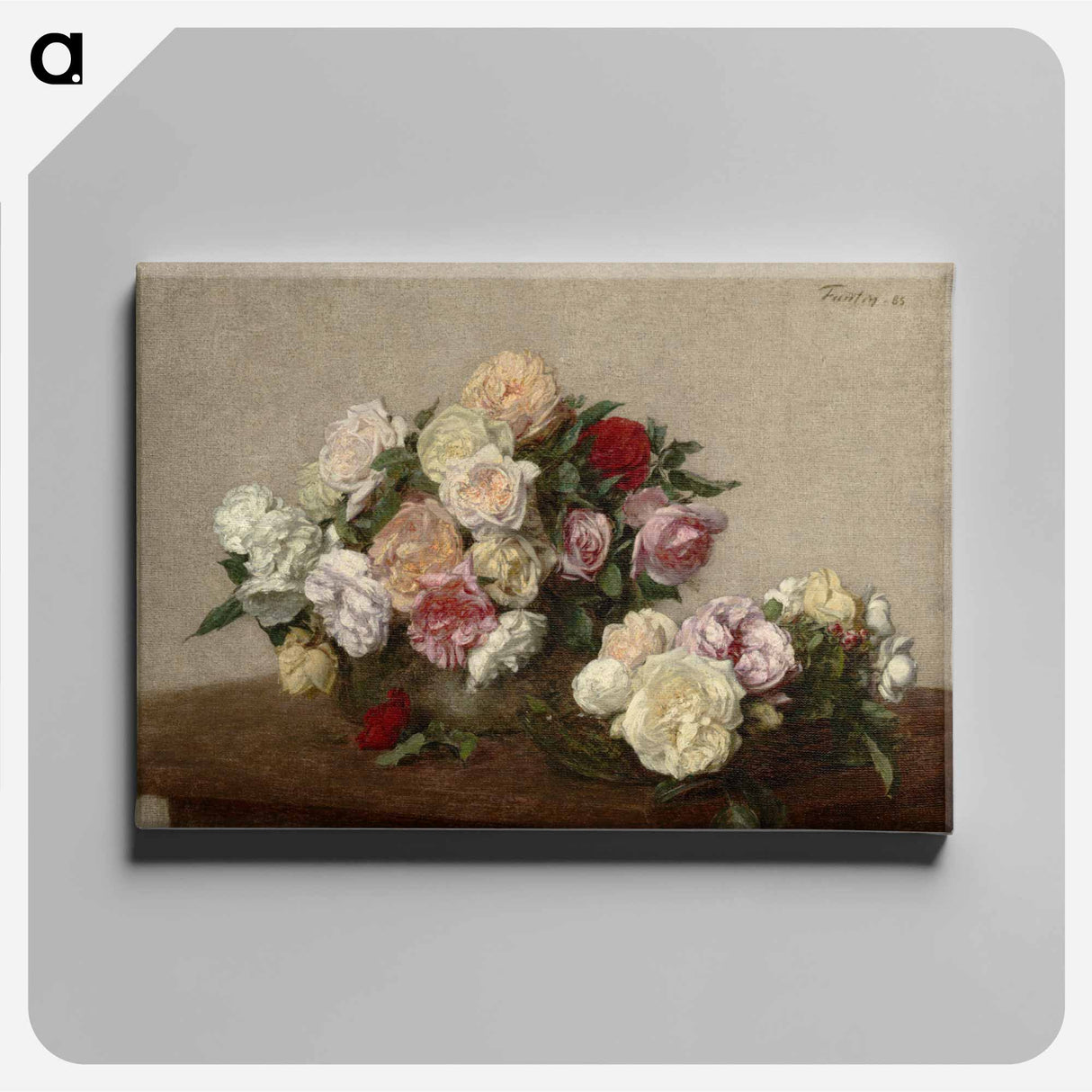 Roses in a Bowl and Dish - アンリ ファンタン ラトゥール Canvas.