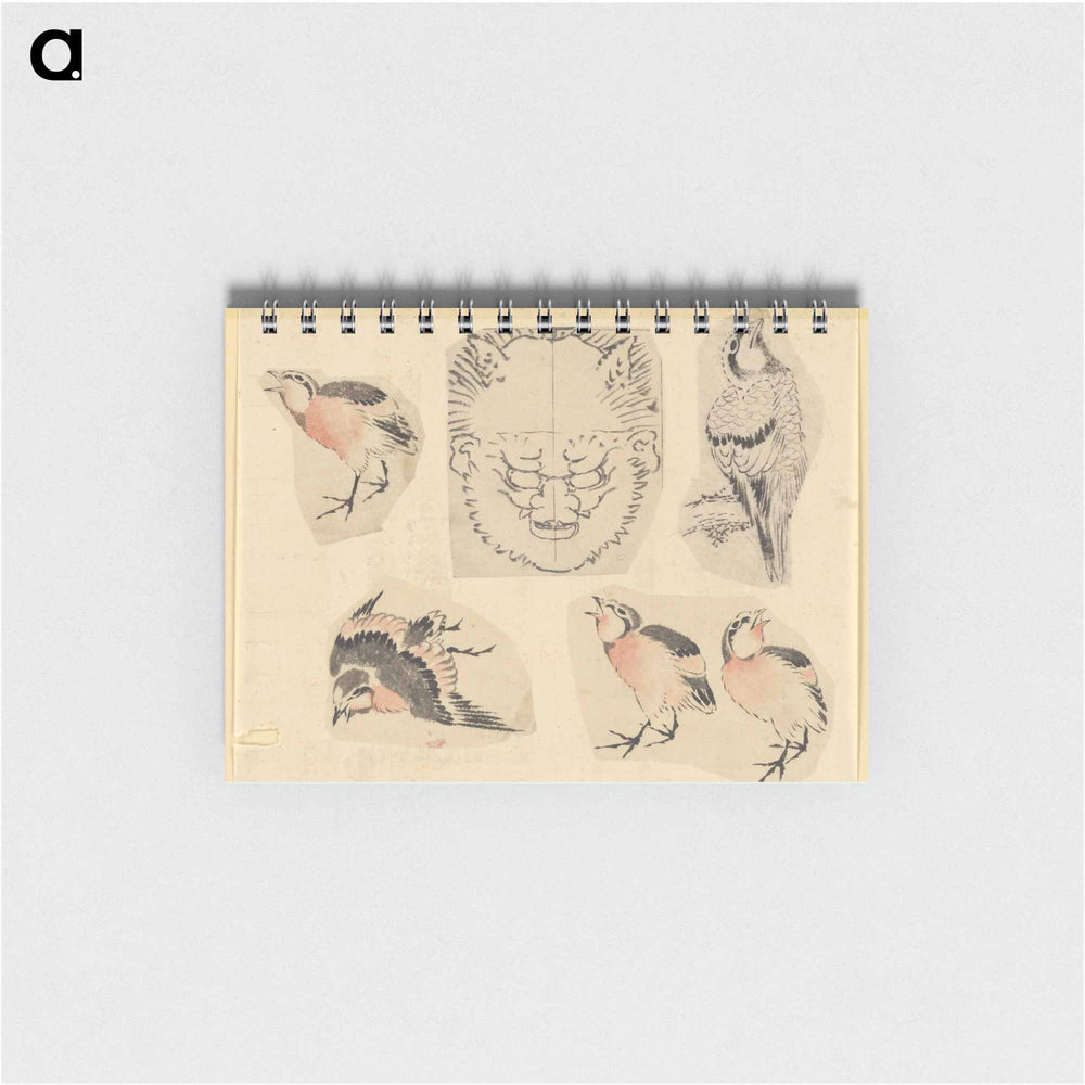Four sketches of birds and one design for a grotesque mask - 葛飾 北斎 Memo.