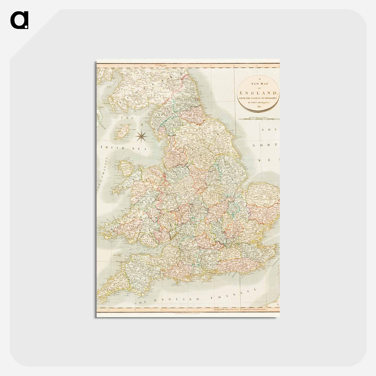 アートポストカード-A new map of England - アンティーク地図 Postcard.