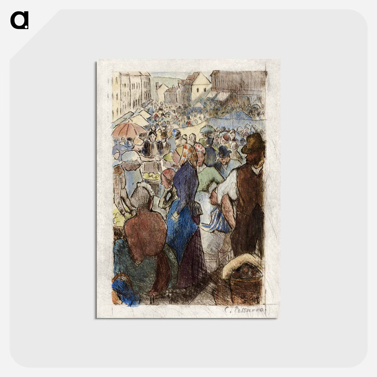 アートポストカード-The Market at Gisors; Rue Cappeville - カミーユ ピサロ Postcard.