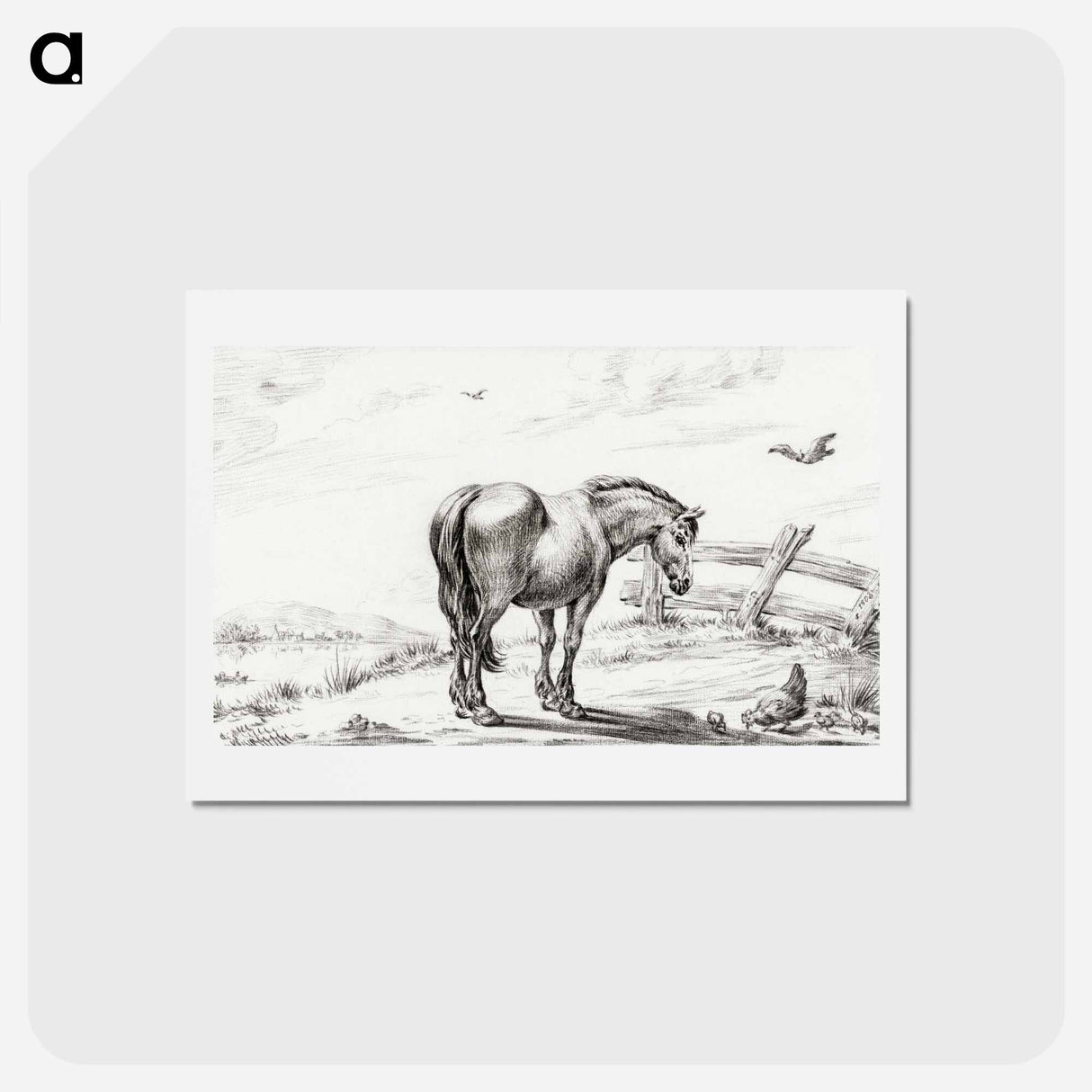 アートポストカード-Standing horse at chicken with chicks - ジャン ベルナール Postcard.