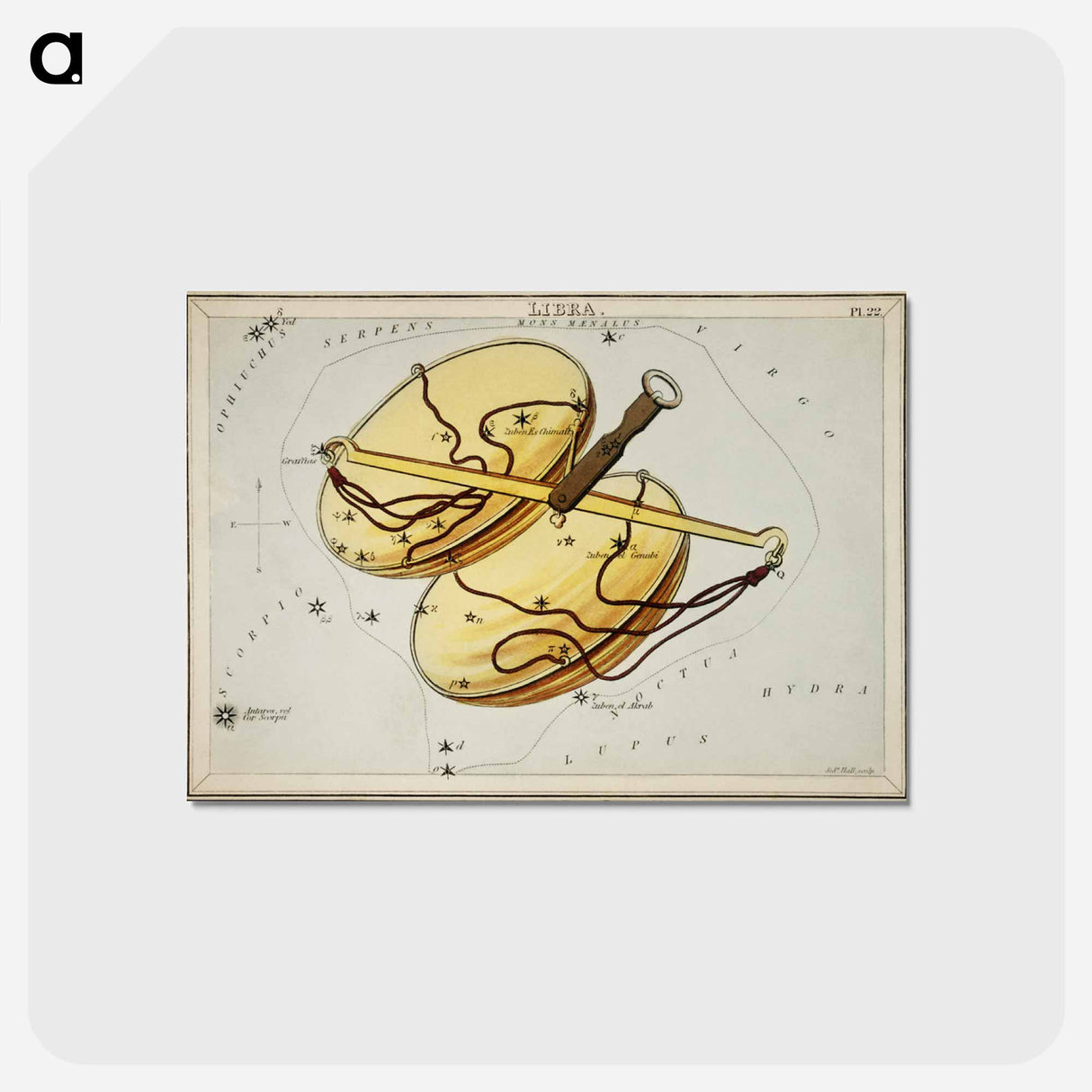 アートポストカード-Sidney Hall’s astronomical chart illustration of the Libra - アンティーク地図 Postcard.