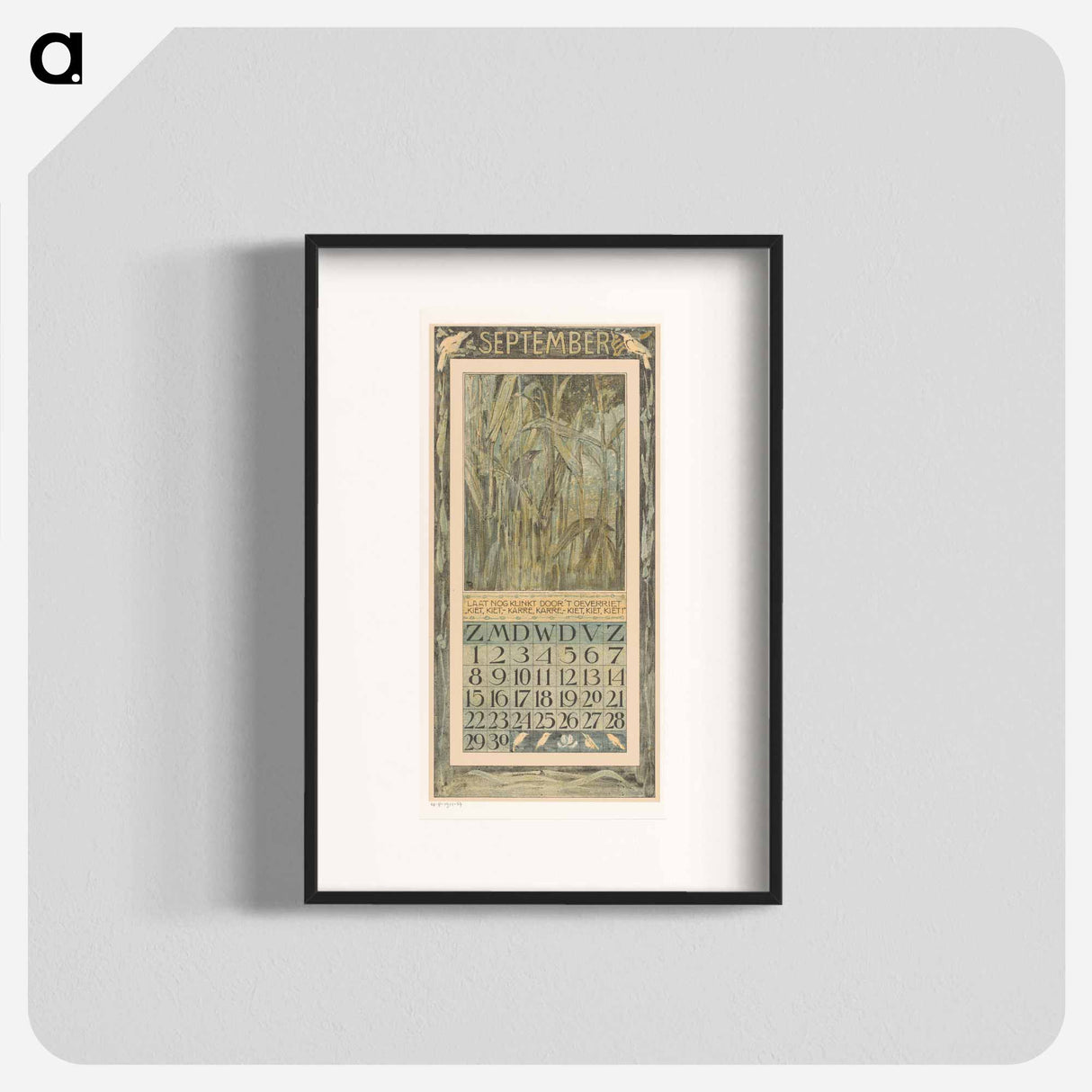 Kalenderblad september met vogel in het riet - テオ ヴァン ホイテマ Poster.