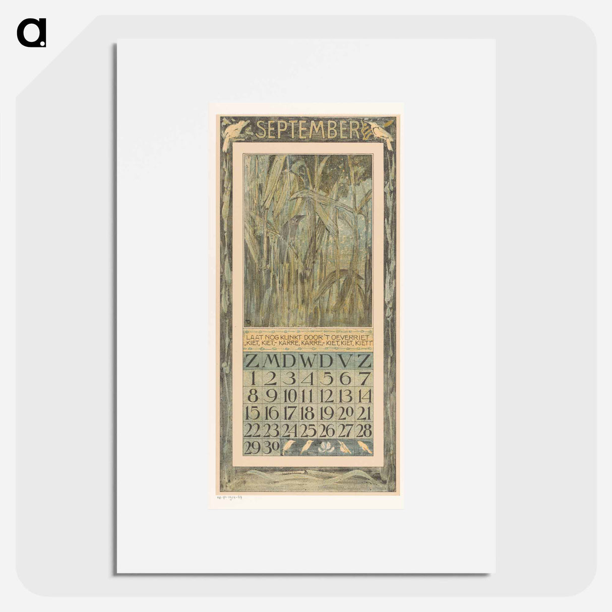 Kalenderblad september met vogel in het riet - テオ ヴァン ホイテマ Poster.