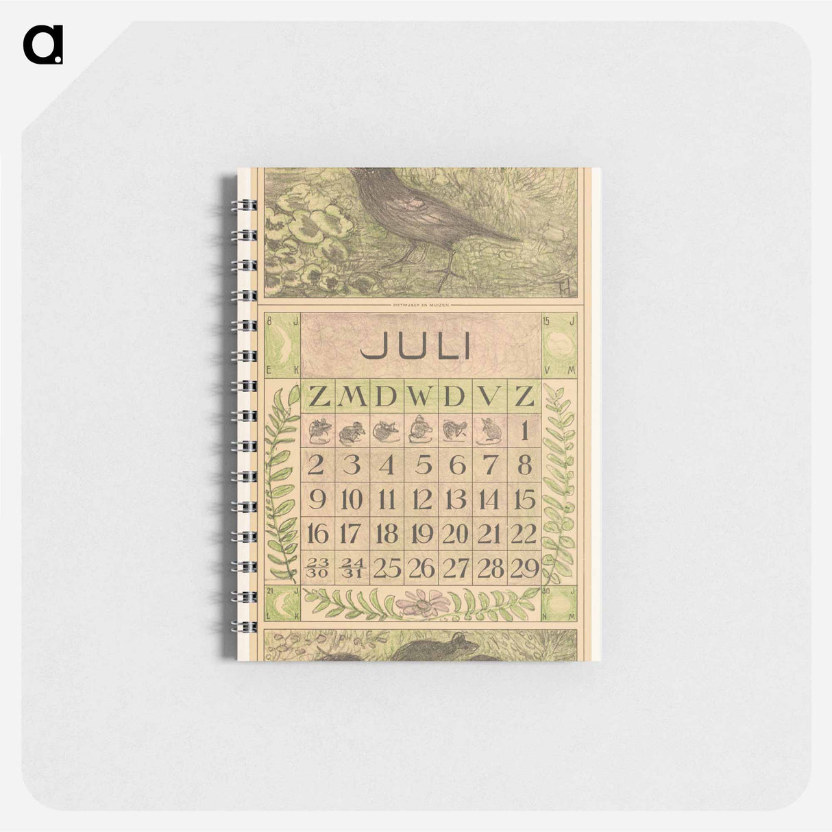 Kalenderblad juli met vogel en muizen - テオ ヴァン ホイテマ Memo.