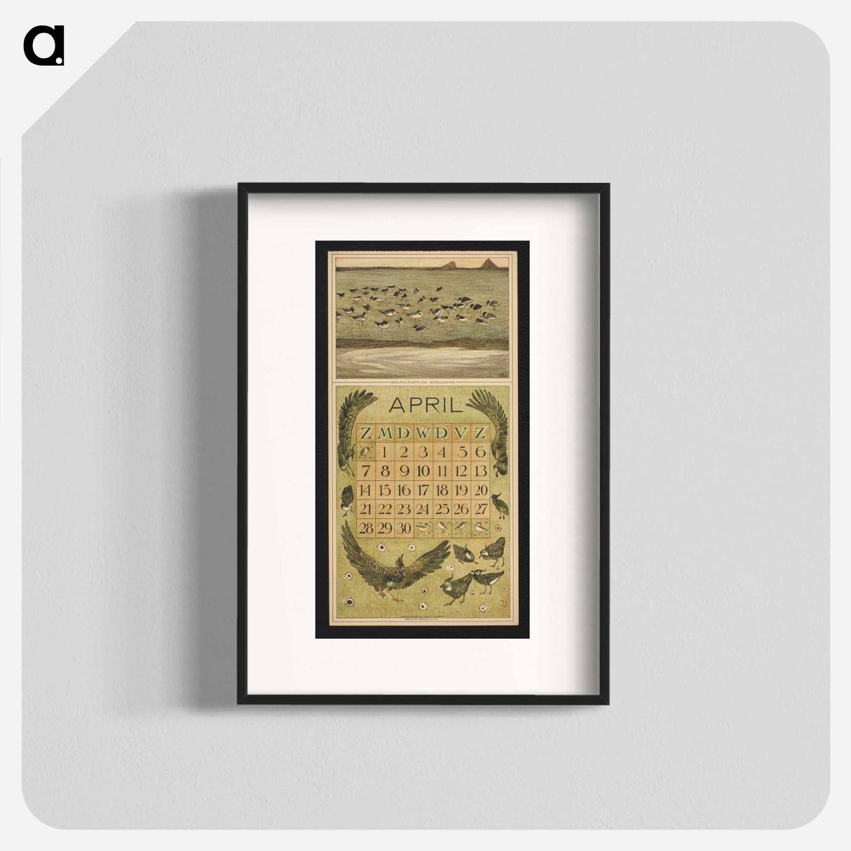 Kalenderblad voor april 1912 met scholeksters en kieviten - テオ ヴァン ホイテマ Poster.