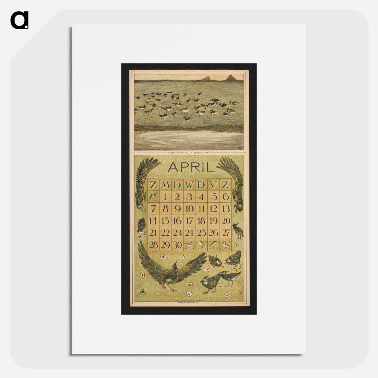 Kalenderblad voor april 1912 met scholeksters en kieviten - テオ ヴァン ホイテマ Poster.