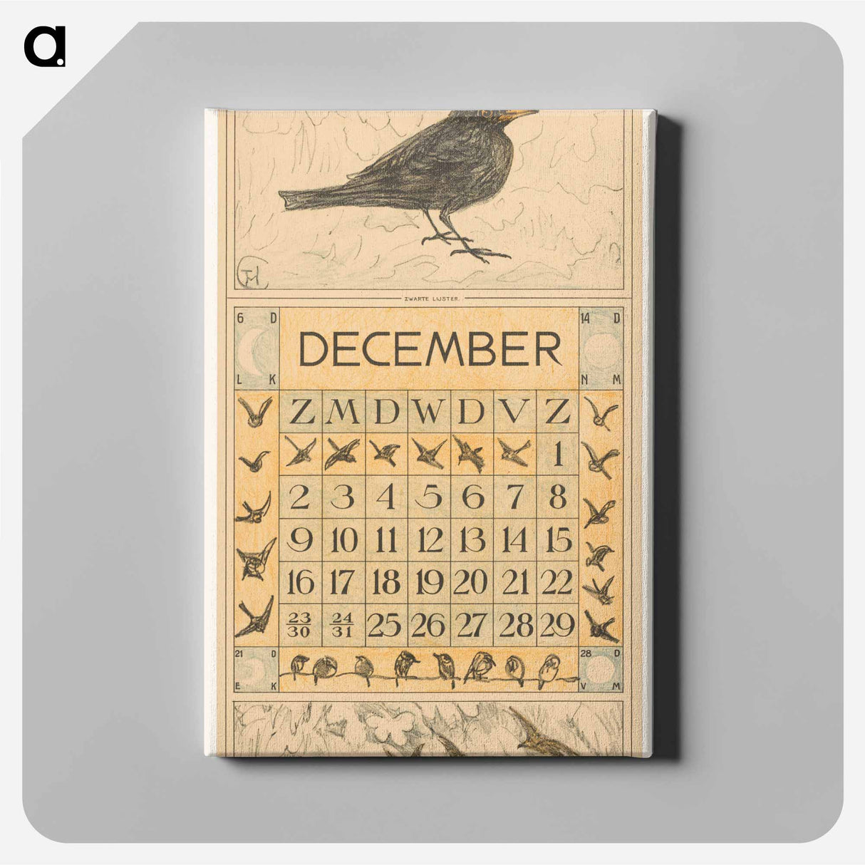 Calendar December with zwarte book - Theo van Hoytema Canvas.