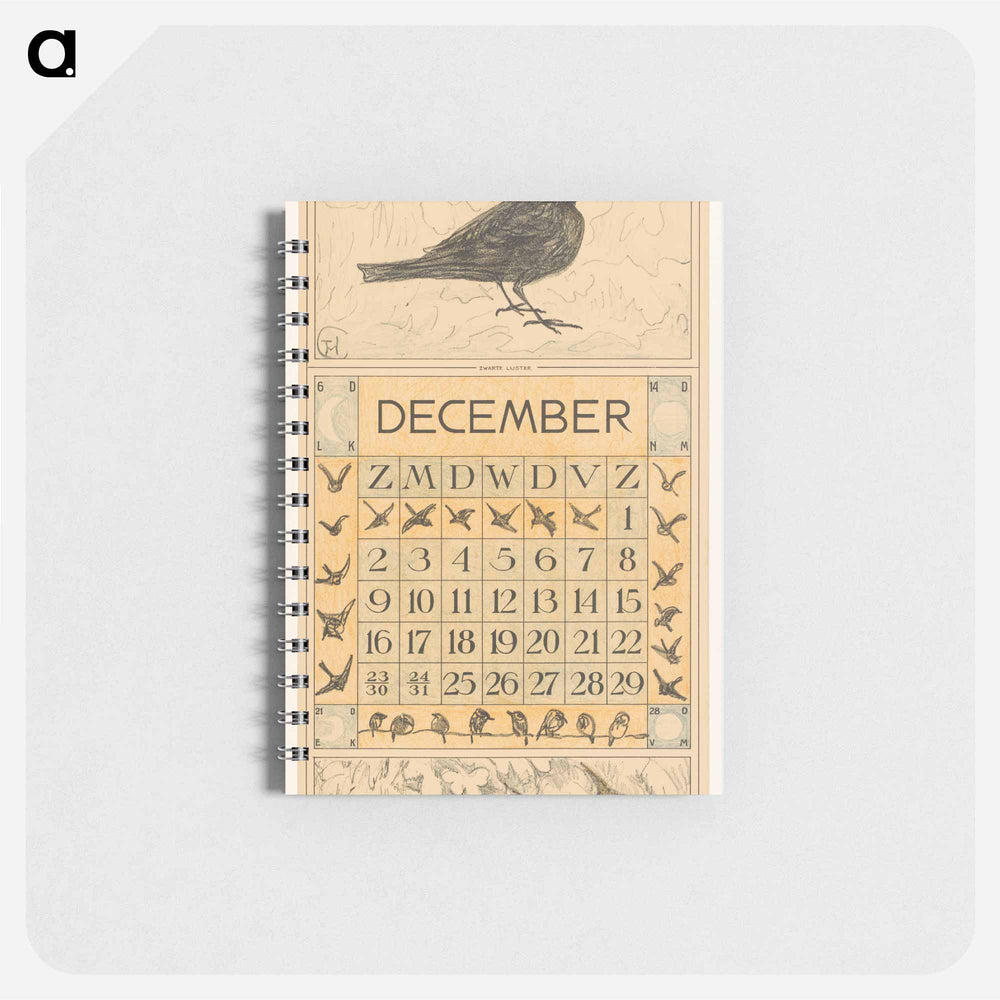 Kalenderblad december met zwarte lijster - テオ ヴァン ホイテマ Memo.