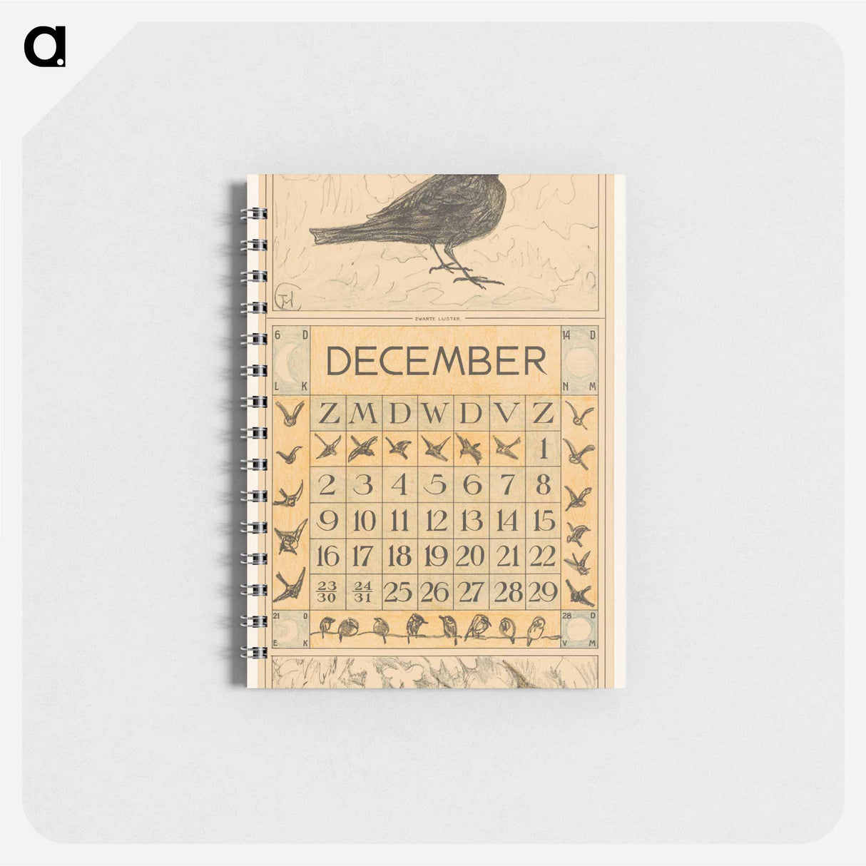 Kalenderblad december met zwarte lijster - テオ ヴァン ホイテマ Memo.