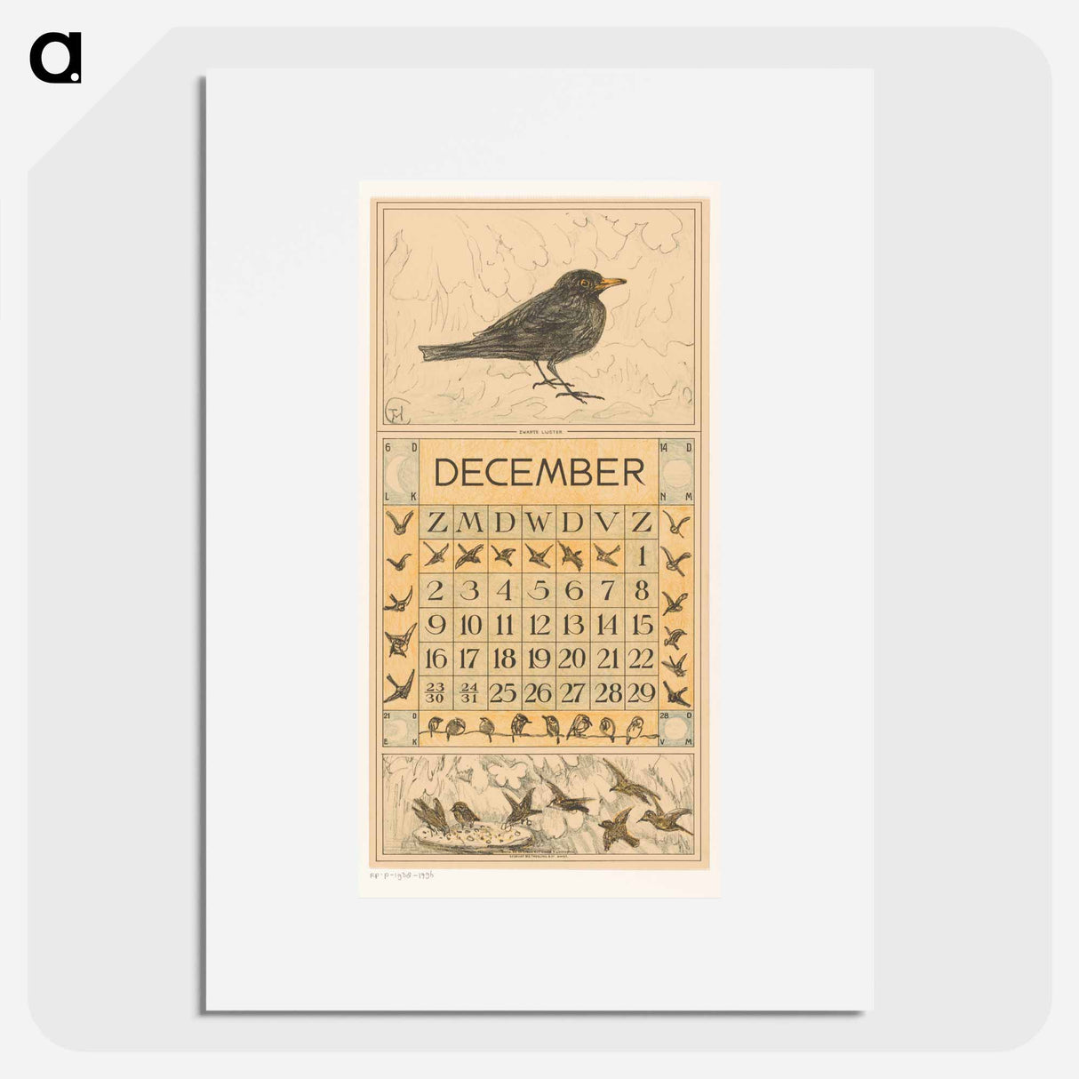 Calendar December with zwarte letter - Theo van Hoytema Poster.