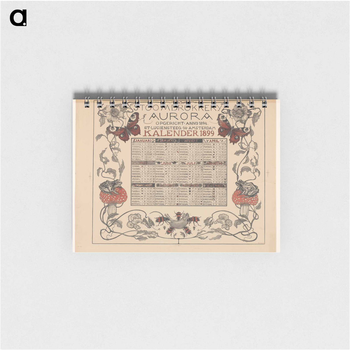 Kalender van het jaar 1899, met bloemen, insecten en kikkers - テオ ヴァン ホイテマ Memo.