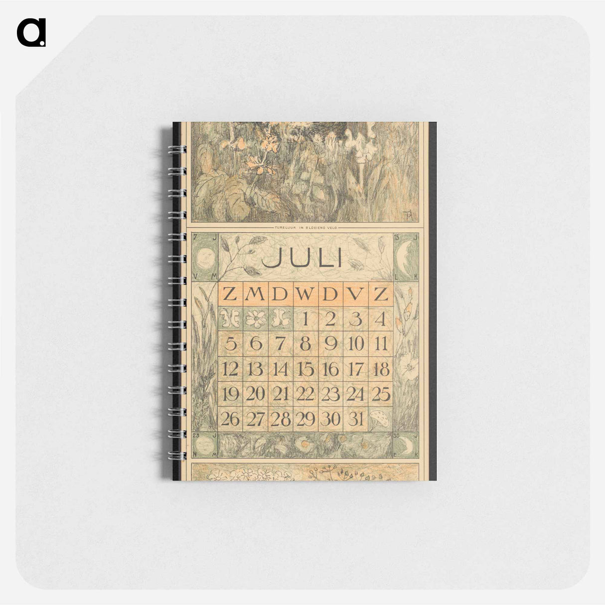 Kalenderblad voor juli 1914 met een tureluur in een landschap - テオ ヴァン ホイテマ Memo.