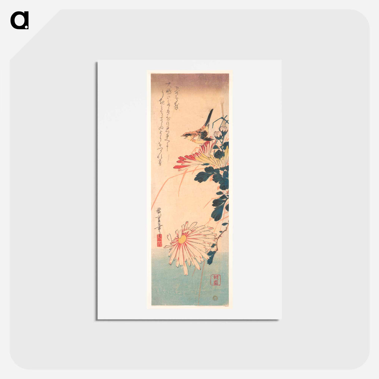 アートポストカード-A Wren and Chrysanthemums - 喜多川 歌麿 Postcard.