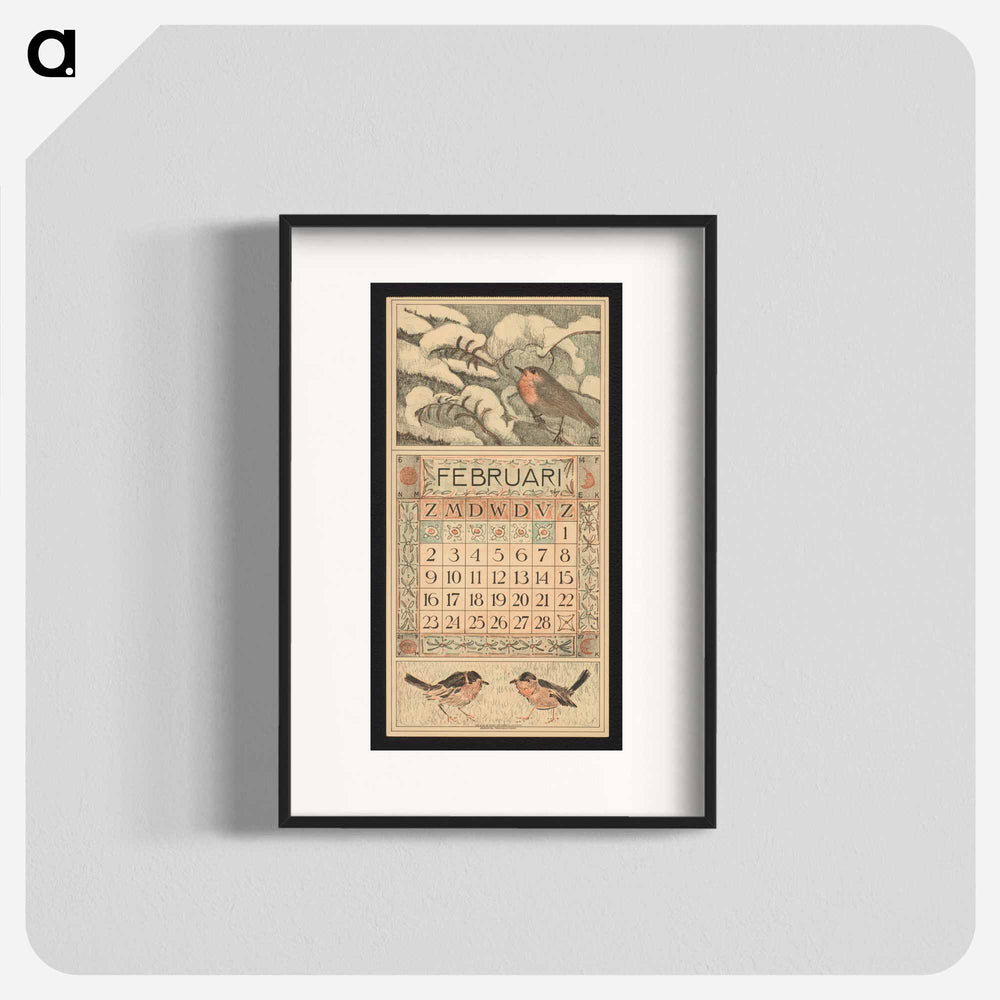 Kalenderblad voor februari 1913 met een roodborstje op een besneeuwde boomtak - Theo van Hoytema Poster.