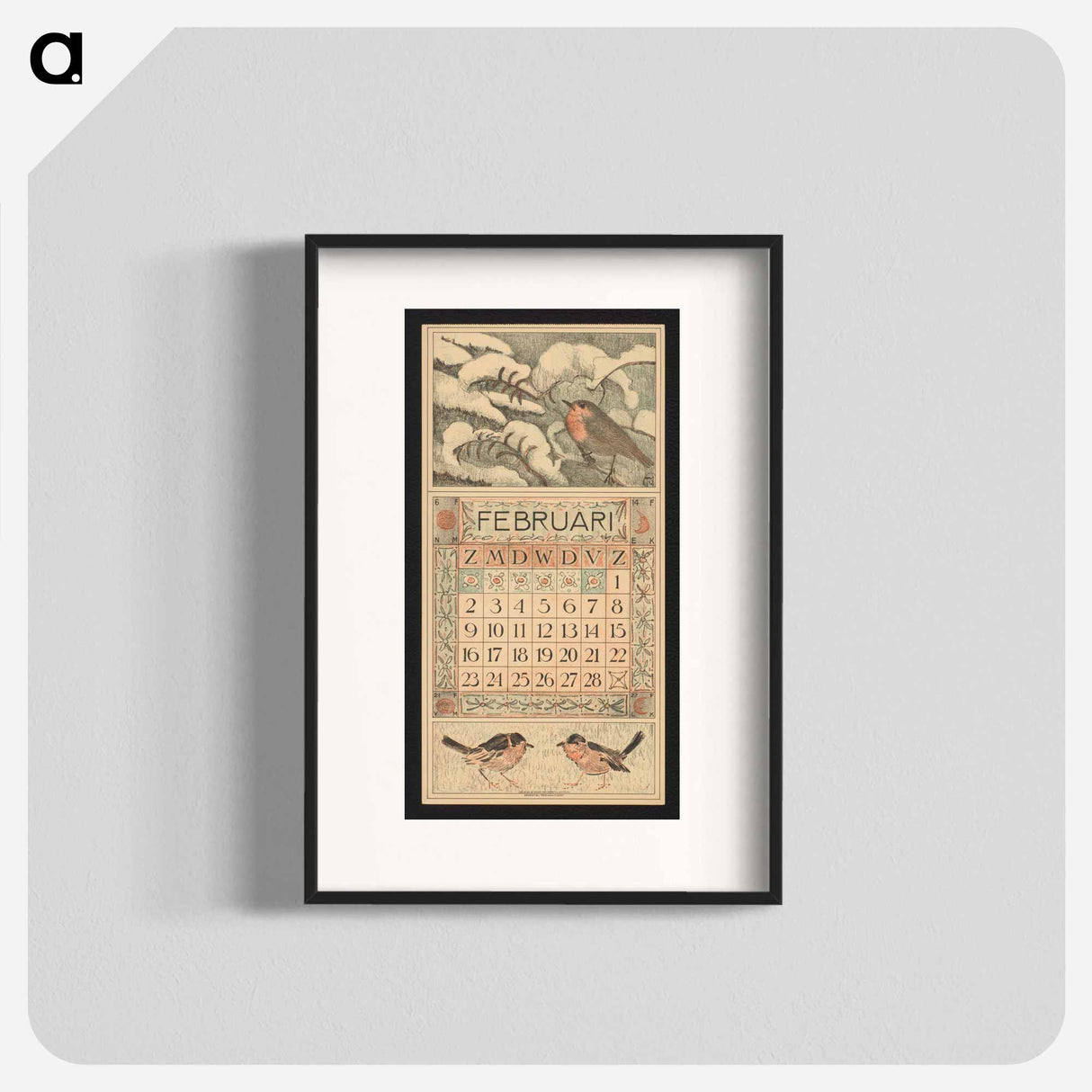 Kalenderblad voor februari 1913 met een roodborstje op een besneeuwde boomtak - Theo van Hoytema Poster.