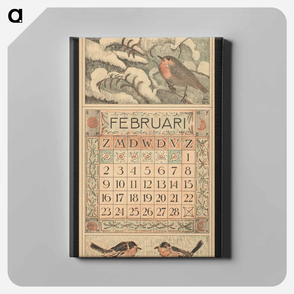 Kalenderblad voor februari 1913 met een roodborstje op een besneeuwde boomtak - Theo van Hoytema Canvas.