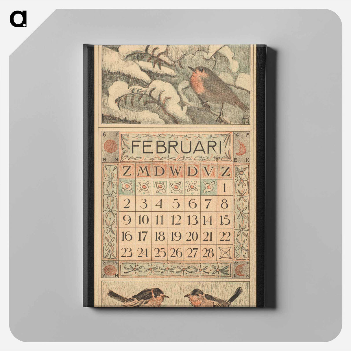 Kalenderblad voor februari 1913 met een roodborstje op een besneeuwde boomtak - Theo van Hoytema Canvas.