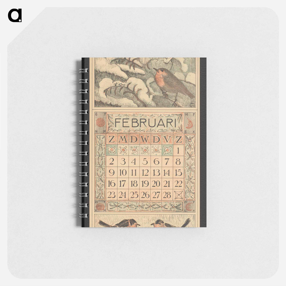 Kalenderblad voor februari 1913 met een roodborstje op een besneeuwde boomtak - テオ ヴァン ホイテマ Memo.