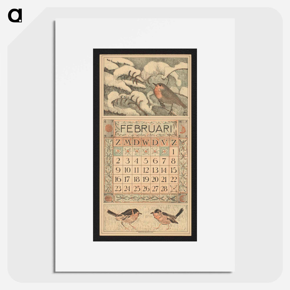 Kalenderblad voor februari 1913 met een roodborstje op een besneeuwde boomtak - Theo van Hoytema Poster.