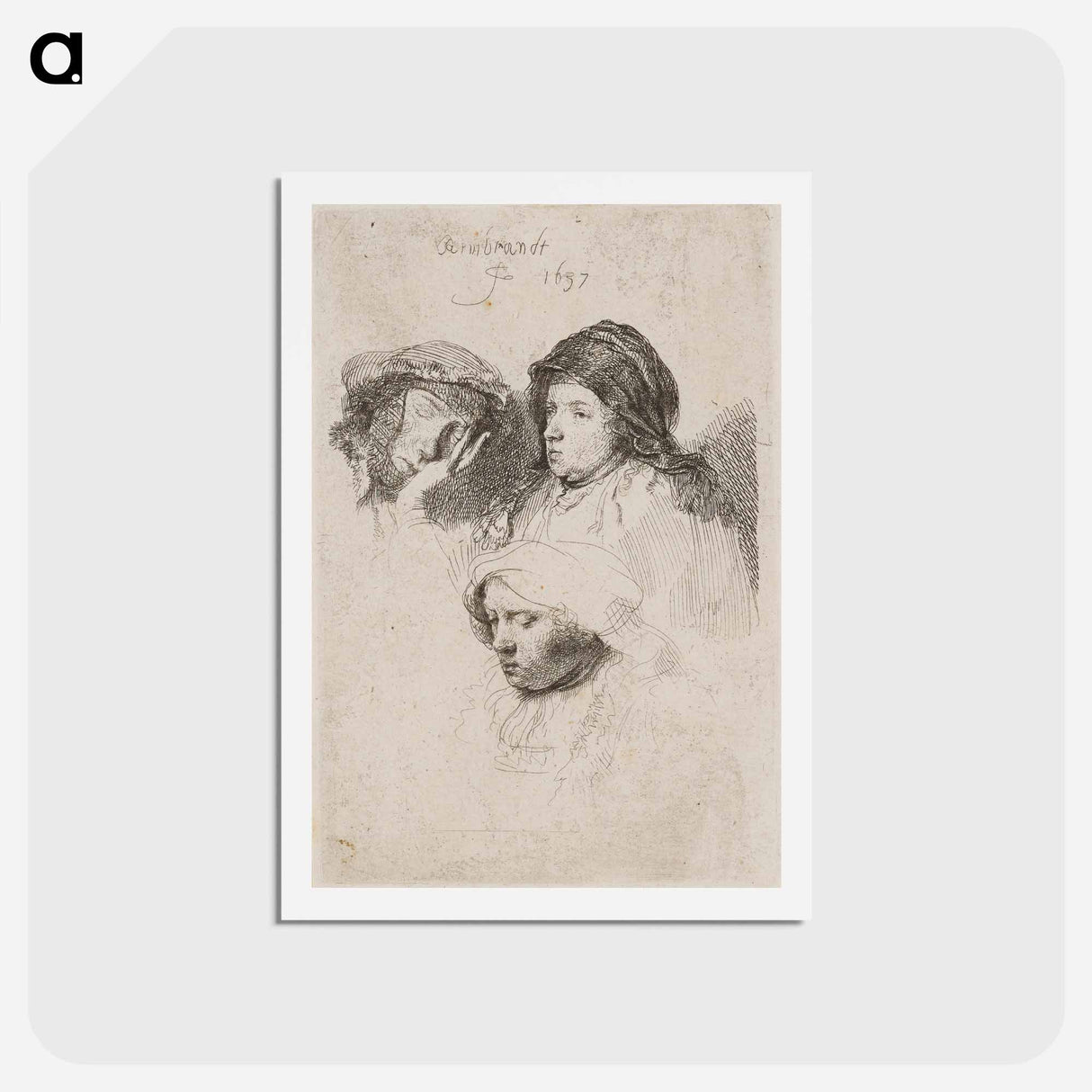 アートポストカード-Three Heads of Women, One Asleep - レンブラント ファン レイン Postcard.