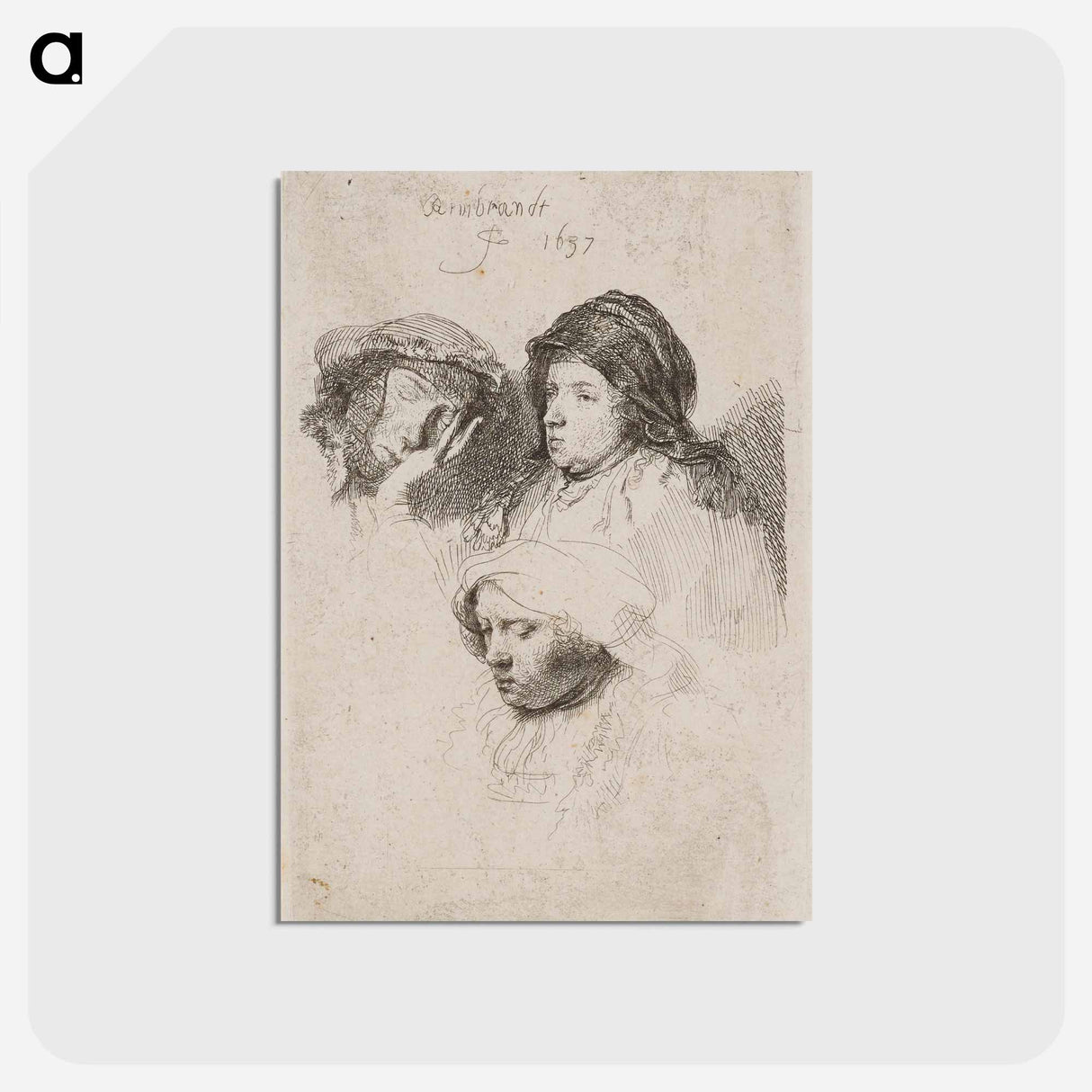 アートポストカード-Three Heads of Women, One Asleep - レンブラント ファン レイン Postcard.