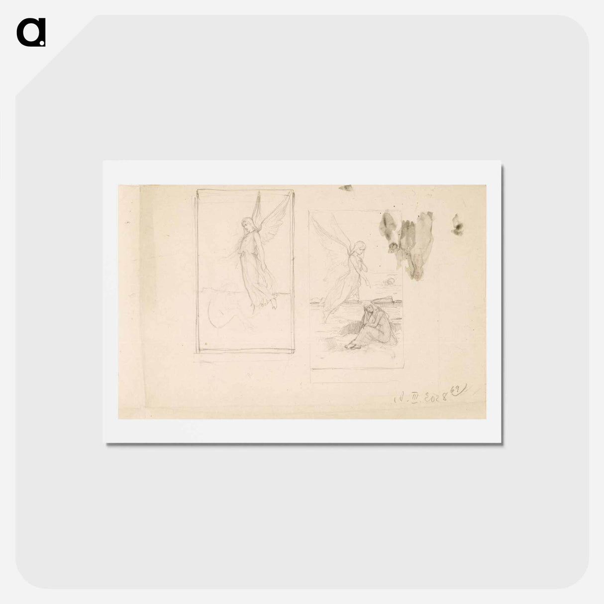 Kaksi sommitteluluonnosta enkelistä ja istuvasta naisesta - アルバート エーデルフェルト Postcard.