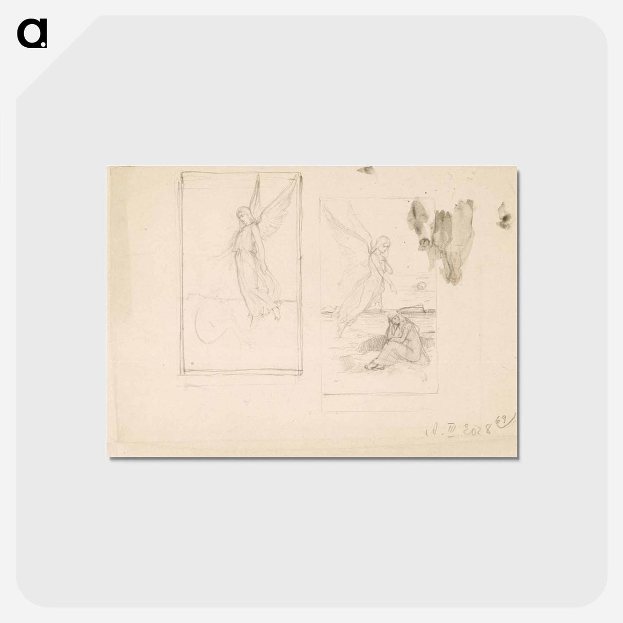 Kaksi sommitteluluonnosta enkelistä ja istuvasta naisesta - アルバート エーデルフェルト Postcard.