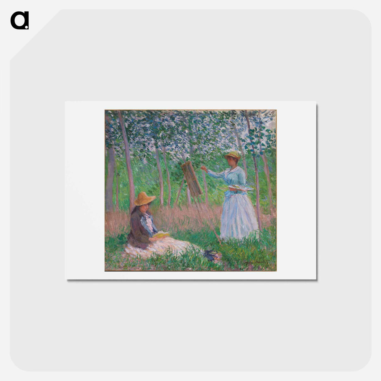 アートポストカード-In the Woods at Giverny: Blanche Hoschedé at Her Easel with Suzanne Hoschedé Reading - クロード モネ Postcard.