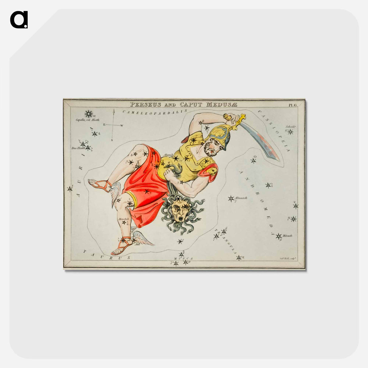 アートポストカード-Sidney Hall’s astronomical chart illustration of the Perseus and the Caput Medusae - アンティーク地図 Postcard.