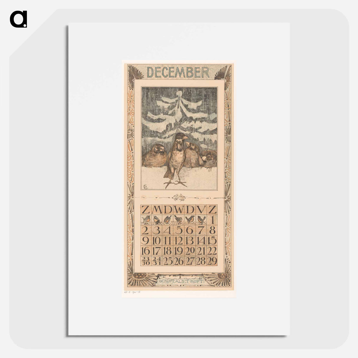 Calendar December met mussen in de sneeuw - Theo van Hoytema Poster.