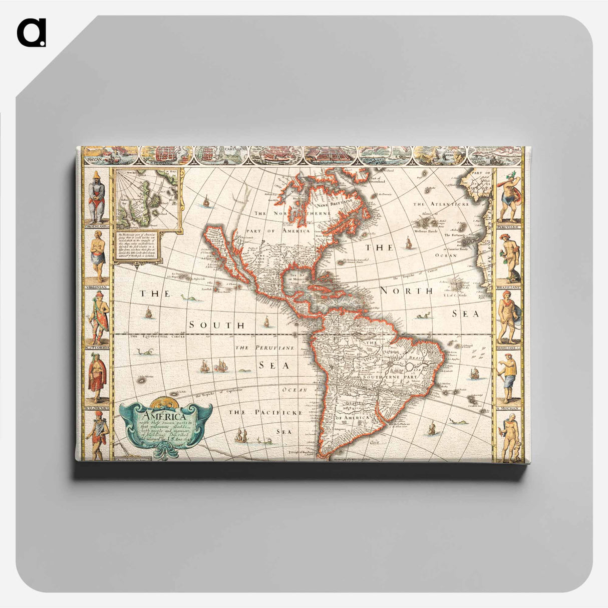 America with those known parts in that unknowne worlde both people and manner of buildings - アンティーク地図 Canvas.
