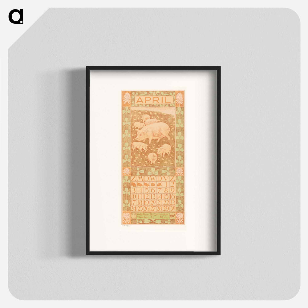 Kalenderblad april met varkens - Theo van Hoytema Poster.