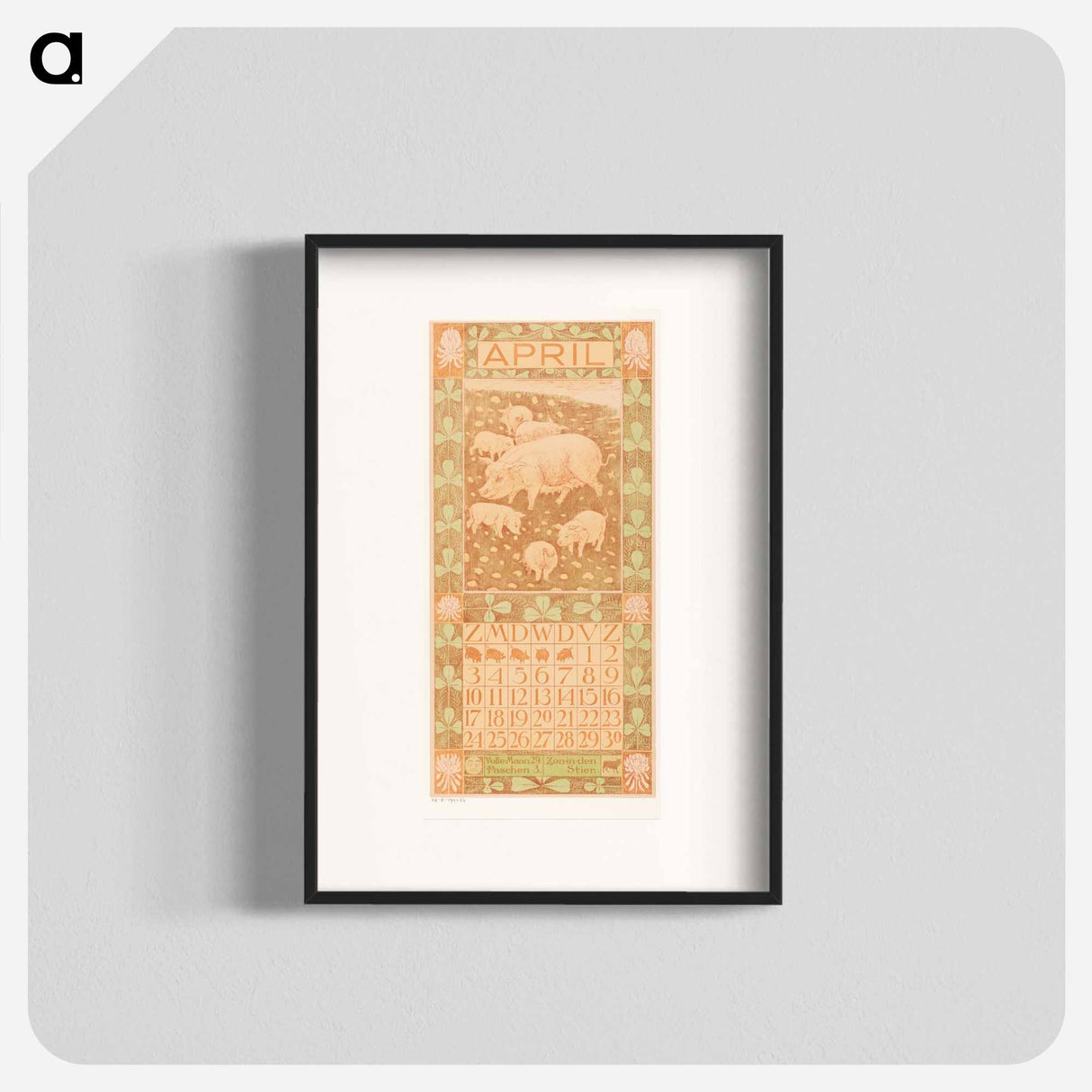 Kalenderblad april met varkens - Theo van Hoytema Poster.