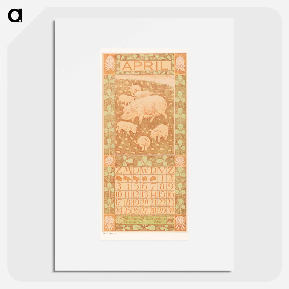Kalenderblad april met varkens - Theo van Hoytema Poster.