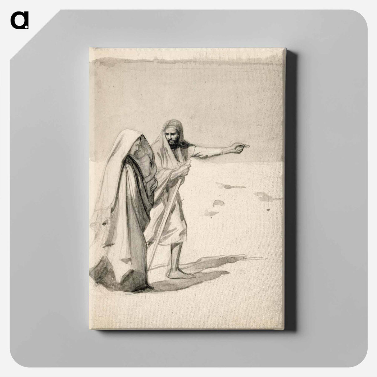 Lasta kantava nuori nainen ja mies vaeltamassa erämaan halki - アルバート エーデルフェルト Canvas.