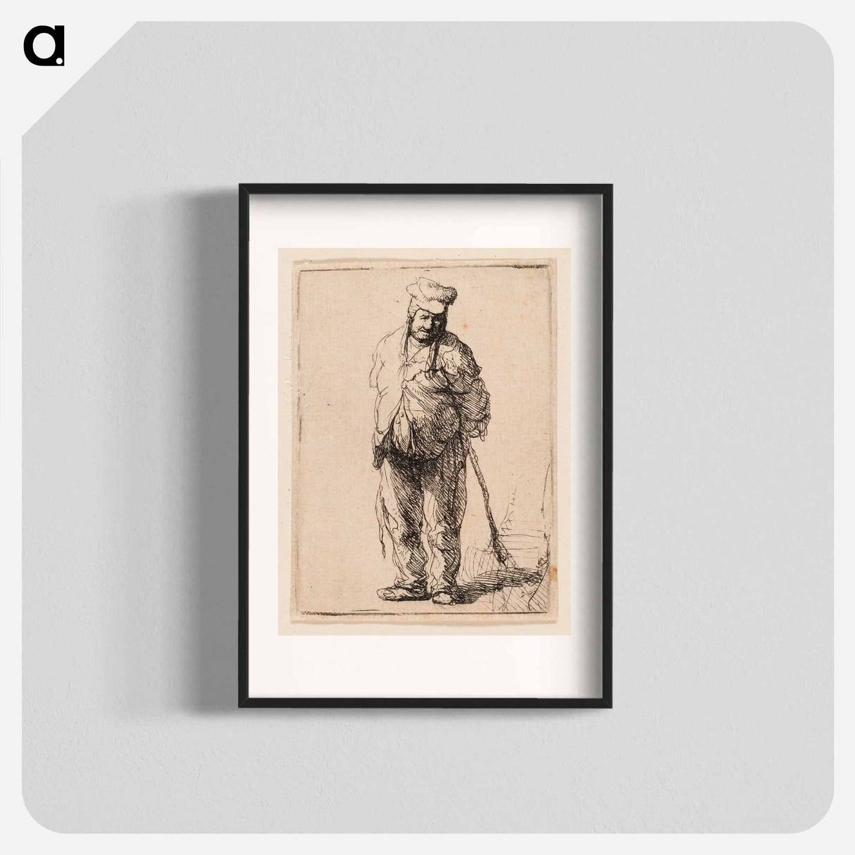 Ragged Peasant with His Hands behind Him, Holding a Stick - レンブラント ファン レイン Poster.