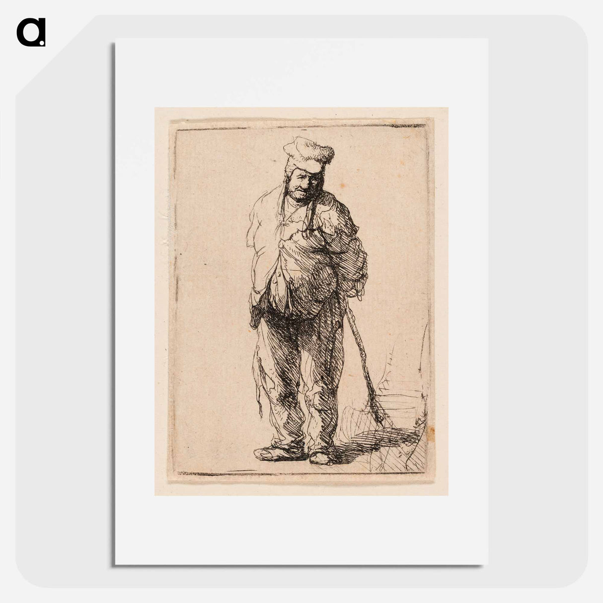 Ragged Peasant with His Hands behind Him, Holding a Stick - レンブラント ファン レイン Poster.