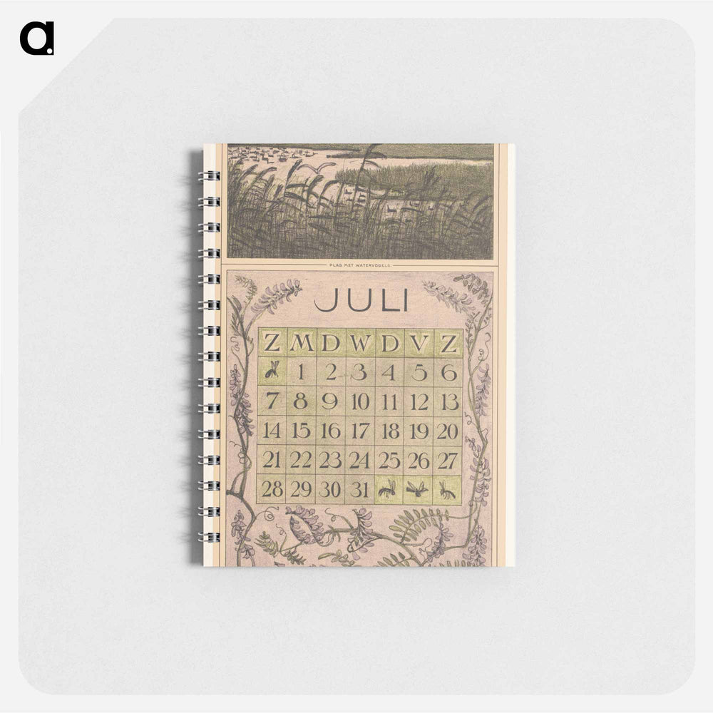 Kalenderblad juli met landschap met vogels - テオ ヴァン ホイテマ Memo.