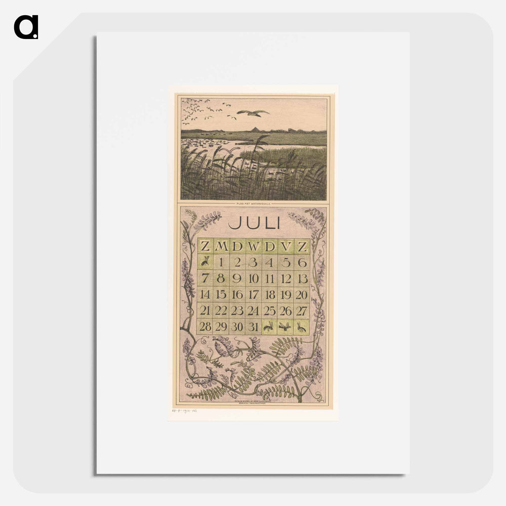 July 2013: Calendar with land plan with vogels - Theo van Hoytema Poster.