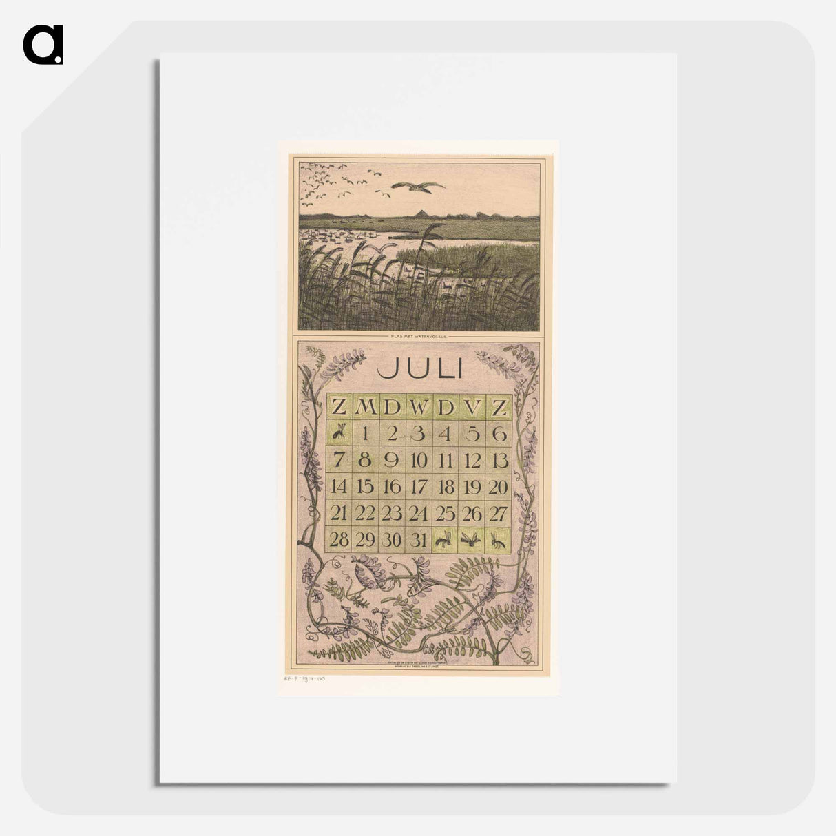 July 2013: Calendar with land plan with vogels - Theo van Hoytema Poster.