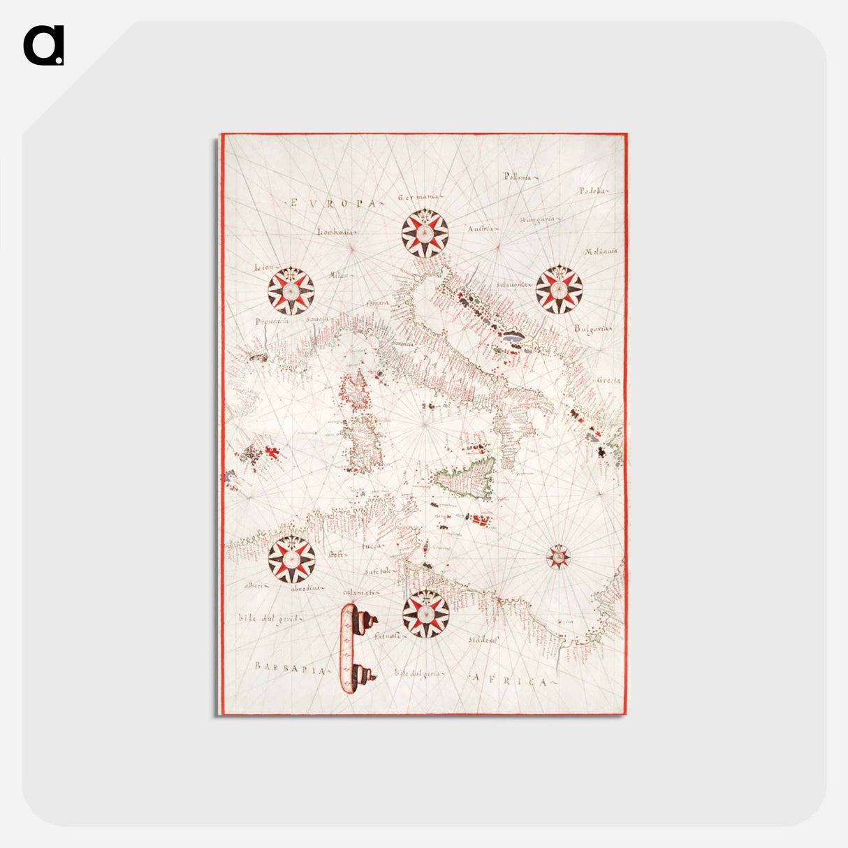 アートポストカード-Portolan atlas of the Mediterranean Sea, western Europe, and the northwest coast of Africa - アンティーク地図 Postcard.