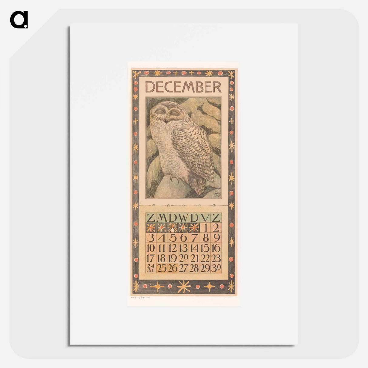 Calendar December met sneeuwuil - Theo van Hoytema Poster.