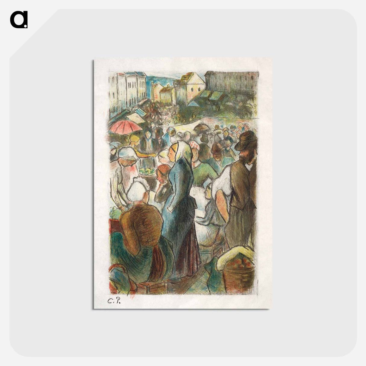 アートポストカード-The Market at Gisors: Rue Cappeville - カミーユ ピサロ Postcard.