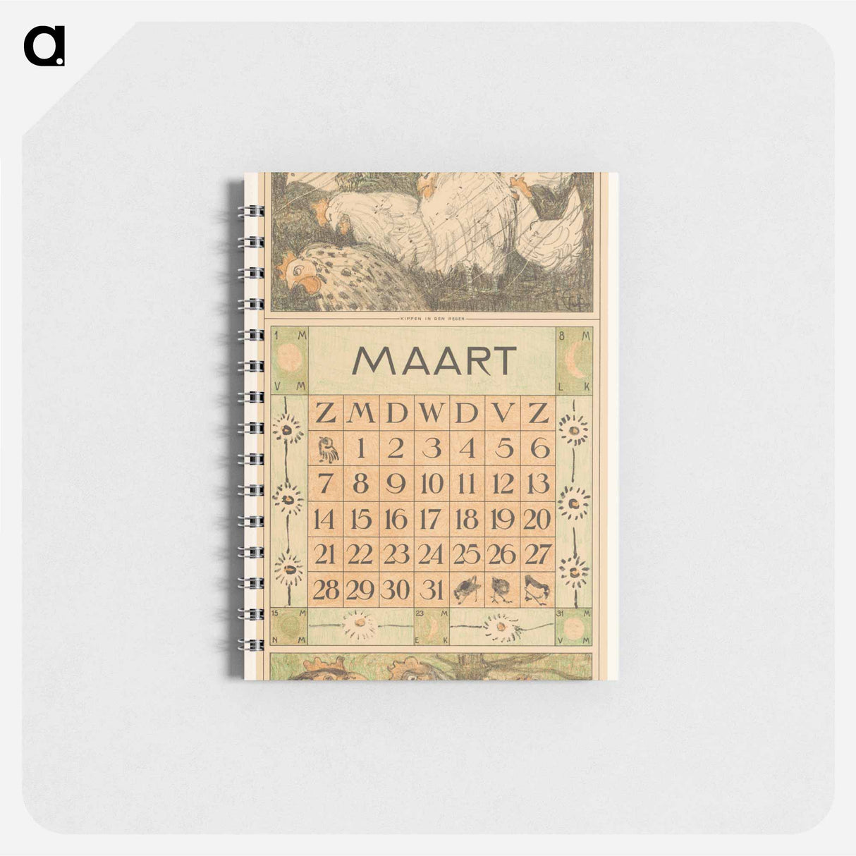 Kalenderblad maart met kippen in de regen - テオ ヴァン ホイテマ Memo.