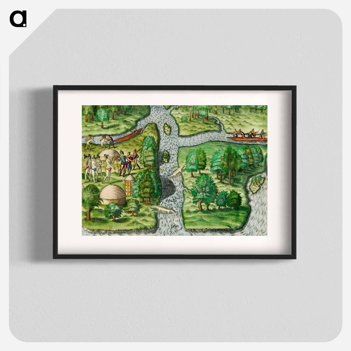 French left in Fort Charles suffer from scarcity of provisions ; Natives of Florida worship the column erected by the commander on his first voyage - アンティーク地図 Poster.