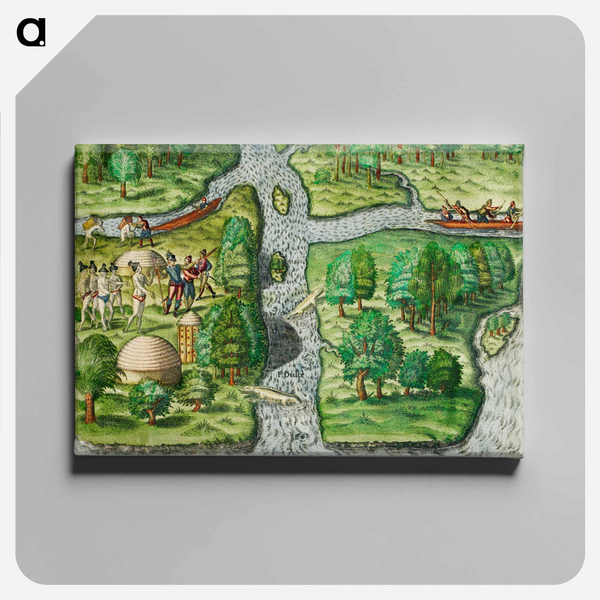 French left in Fort Charles suffer from scarcity of provisions ; Natives of Florida worship the column erected by the commander on his first voyage - アンティーク地図 Canvas.