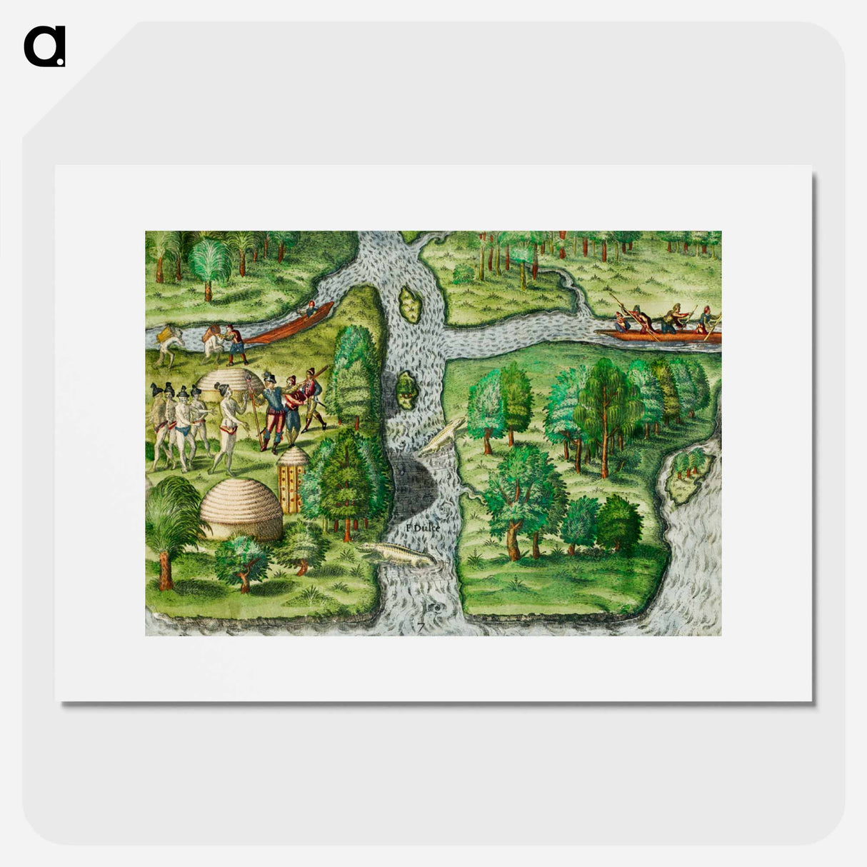 French left in Fort Charles suffer from scarcity of provisions ; Natives of Florida worship the column erected by the commander on his first voyage - アンティーク地図 Poster.